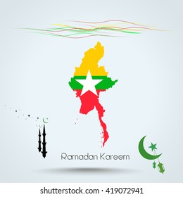 Ramadan Kareem, Feast of Ramadan in Myanmar , Map flag of Myanmar , Islamic holiday, eps 10
