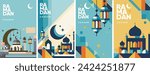 Ramadan Kareem, featuring geometric representations of mosques, crescent moons, stars, lanterns, and traditional Islamic architecture in a modern, abstract design with a vibrant color palette.