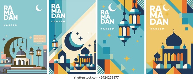 Ramadan Kareem, featuring geometric representations of mosques, crescent moons, stars, lanterns, and traditional Islamic architecture in a modern, abstract design with a vibrant color palette.