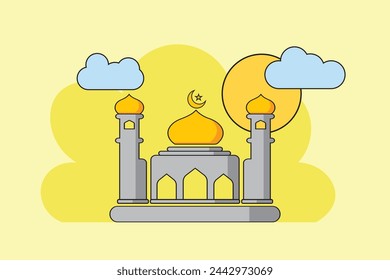 Ramadan Kareem, featuring geometric representations of mosques, crescent moons, stars.Mosque Flat design.