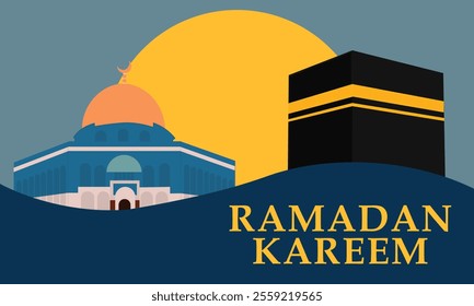 Ramadan Kareem, featuring geometric representations of mosques, crescent moons, stars, lanterns, and traditional Islamic architecture in a modern, al aqsa and ka'bah background.