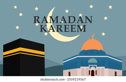 Ramadan Kareem, featuring geometric representations of mosques, crescent moons, stars, lanterns, and traditional Islamic architecture in a modern, al aqsa and ka'bah background.