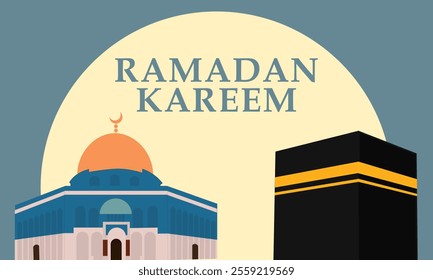 Ramadan Kareem, featuring geometric representations of mosques, crescent moons, stars, lanterns, and traditional Islamic architecture in a modern, al aqsa and ka'bah background.