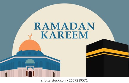 Ramadan Kareem, featuring geometric representations of mosques, crescent moons, stars, lanterns, and traditional Islamic architecture in a modern, al aqsa and ka'bah background.