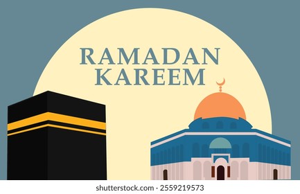 Ramadan Kareem, featuring geometric representations of mosques, crescent moons, stars, lanterns, and traditional Islamic architecture in a modern, al aqsa and ka'bah background.