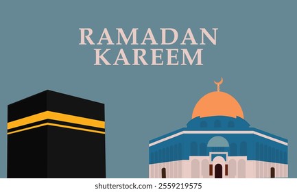 Ramadan Kareem, featuring geometric representations of mosques, crescent moons, stars, lanterns, and traditional Islamic architecture in a modern, al aqsa and ka'bah background.