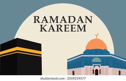 Ramadan Kareem, featuring geometric representations of mosques, crescent moons, stars, lanterns, and traditional Islamic architecture in a modern, al aqsa and ka'bah background.