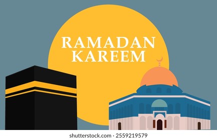 Ramadan Kareem, featuring geometric representations of mosques, crescent moons, stars, lanterns, and traditional Islamic architecture in a modern, al aqsa and ka'bah background.