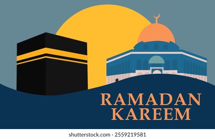 Ramadan Kareem, featuring geometric representations of mosques, crescent moons, stars, lanterns, and traditional Islamic architecture in a modern, al aqsa and ka'bah background.