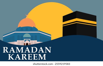 Ramadan Kareem, featuring geometric representations of mosques, crescent moons, stars, lanterns, and traditional Islamic architecture in a modern, al aqsa and ka'bah background.