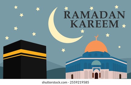 Ramadan Kareem, featuring geometric representations of mosques, crescent moons, stars, lanterns, and traditional Islamic architecture in a modern, al aqsa and ka'bah background.