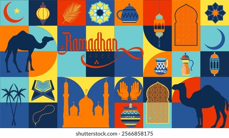 Ramadan Kareem featuring Geometric style colorful, symbols such as mosques, lanterns, camels, crescent moons,with warm tones , Ideal for banner and poster festive designs ,Minimalistic illustrations