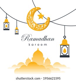 Ramadan Kareem Feed Design with Lanterns and Moon and Star Decorations. Used for social media or banners
