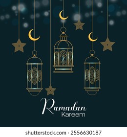 Ramadan Kareem festival background with hanging Golden lantern, stars and moon