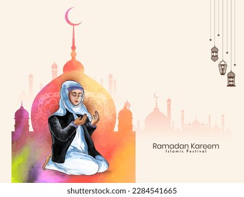 Ramadan Kareem festival card with muslim female offering namaz to allah vector