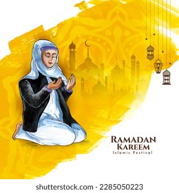 Ramadan Kareem festival card with muslim female offering namaz to allah vector
