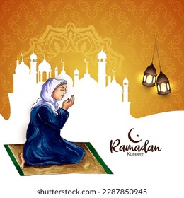 Ramadan Kareem festival celebration card with muslim female offering namaz vector