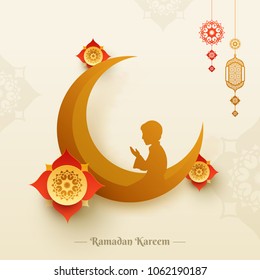 Ramadan Kareem festival celebration concept with brown moon, Islamic boy praying (offering namaj) on beautiful floral decorated background.