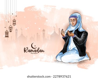 Ramadan Kareem festival greeting card with muslim female offering namaz vector