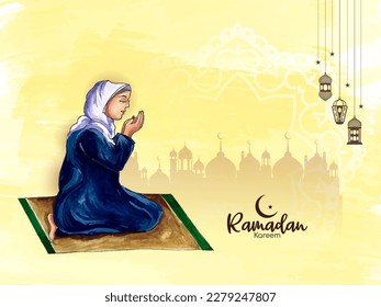 Ramadan Kareem festival yellow card with muslim female offering namaz in hijab vector