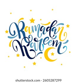 Ramadan Kareem - festive Arabic calligraphy in blue and yellow colors. 