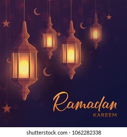 Ramadan kareem festive background. Beautiful greeting card design with lantern or fanoos in paper art style. Vector illustration with calligraphy lettering.