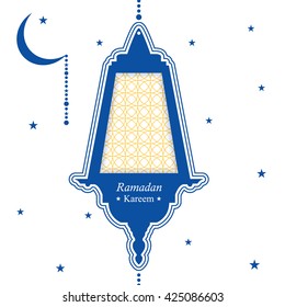 Ramadan Kareem festive background. Traditional Ramadan lantern. Blue and white greeting card. The Muslim holiday. Arabic lamp and Crescent moon. The Holy month. Vector illustration.