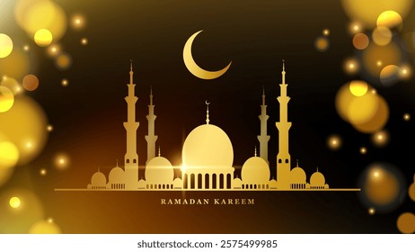 Ramadan Kareem festive banner. Gold colored mosque, crescent moon and blurred bokeh lights. Muslim holy month greetings. Vector illustration.