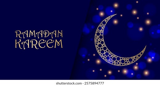 Ramadan Kareem festive banner. Gold crescent moon and blurred bokeh lights. Muslim holy month greetings. Vector illustration.