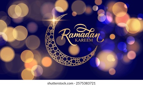 Ramadan Kareem festive banner. Hand lettering, gold crescent moon and blurred bokeh lights. Muslim holy month greetings. Vector illustration.