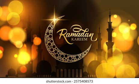 Ramadan Kareem festive banner. Muslim holy month greetings. Hand lettering, blurred bokeh lights and gold crescent moon. Vector illustration.