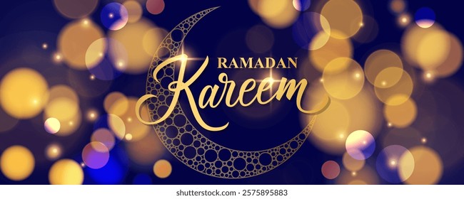 Ramadan Kareem festive banner. Muslim holy month greetings. Gold colored hand lettering and crescent moon. Blurred bokeh lights. Vector illustration.