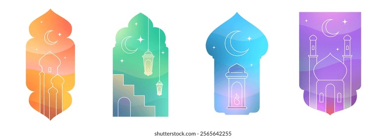 Ramadan kareem festive design composition in modern style. Set holiday concept art for branding background card, poster. Creative vector illustration.