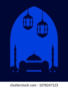 Ramadan Kareem. Festive greeting card with mosque, banner. Muslim holiday lights, lantern. Vector illustration