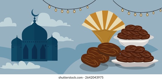 Ramadan Kareem: Festive Islamic Illustrations with Moon, Lanterns and Dates