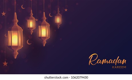 Ramadan kareem festive web banner. Beautiful greeting card design with lantern or fanoos in paper art style. Vector illustration with calligraphy lettering.