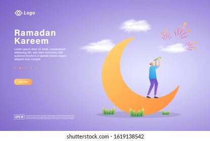 Ramadan kareem flat design concept. People see fireworks during Ramadan. Welcoming Ramadan with fireworks. Be happy when Ramadan comes. Can use for web landing page, banner, ui. Vector Illustration