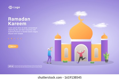 Ramadan kareem flat design concept. People welcome ramadan happily. Welcoming the holy month of Ramadan. Muslims worship in mosques. Can use for web landing page, banner, ui. Vector Illustration