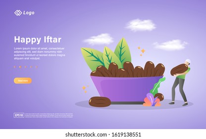 Ramadan kareem flat design concept. People are waiting for iftar time. happy when the time comes. time to iftar, happy iftar party. Can use for web landing page, banner, ui. Vector Illustration