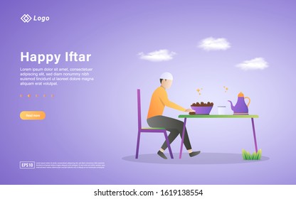 Ramadan kareem flat design concept. People are waiting for iftar time. happy when the time comes. time to iftar, happy iftar party. Can use for web landing page, banner, ui. Vector Illustration
