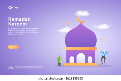 Ramadan kareem flat design concept. People welcome ramadan happily. Welcoming the holy month of Ramadan. Muslims worship in mosques. Can use for web landing page, banner, ui. Vector Illustration