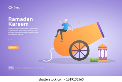 Ramadan kareem flat design concept. People welcome ramadan happily. Welcomes the holy month of Ramadan with firecrackers. Can use for web landing page, banner, ui. Vector Illustration