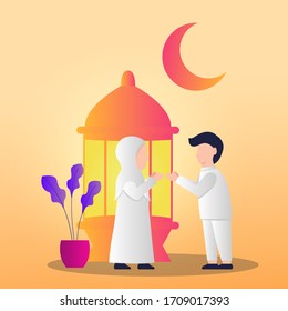 Ilustración de diseño plana Ramadan kareem con gente que lo lamenta. ilustración vectorial