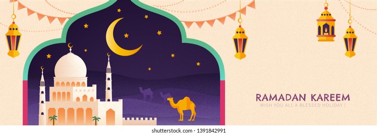 Ramadan Kareem flat design with mosque at the night