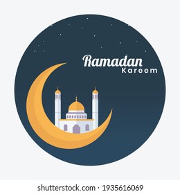 ramadan kareem con mezquita de diseño plano y luna creciente