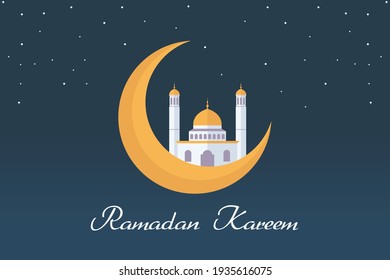 ramadan kareem with flat design mosque and crescent moon