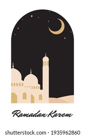 Ramadan Kareem With Flat Design Mosque And Crescent Moon