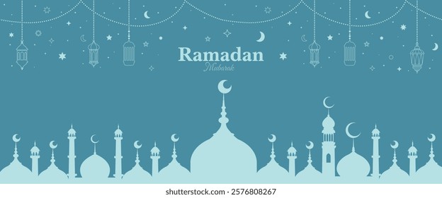 Ramadan Kareem flat design with mosque hanging lantern lamp crescent moon and stars Holy month typography copy space vector banner template for banner, poster, greeting card, and creative projects.