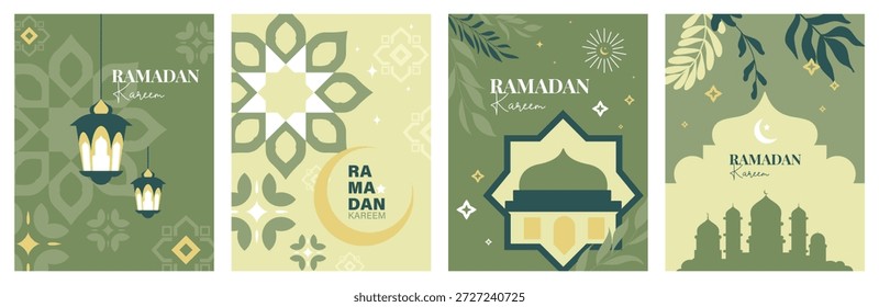 Projeto geométrico plano Ramadan Kareem com mesquita, edifícios, lua crescente e personagens femininas. Banners vetoriais, cartazes, cartões comemorativos e capas com padrões e tipografia moderna