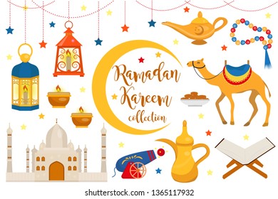 Ramadan kareem flat icon set, cartoon style. Collection of arabic design elements with camel, quran, lanterns, rosary, food, mosque. Vector illustration